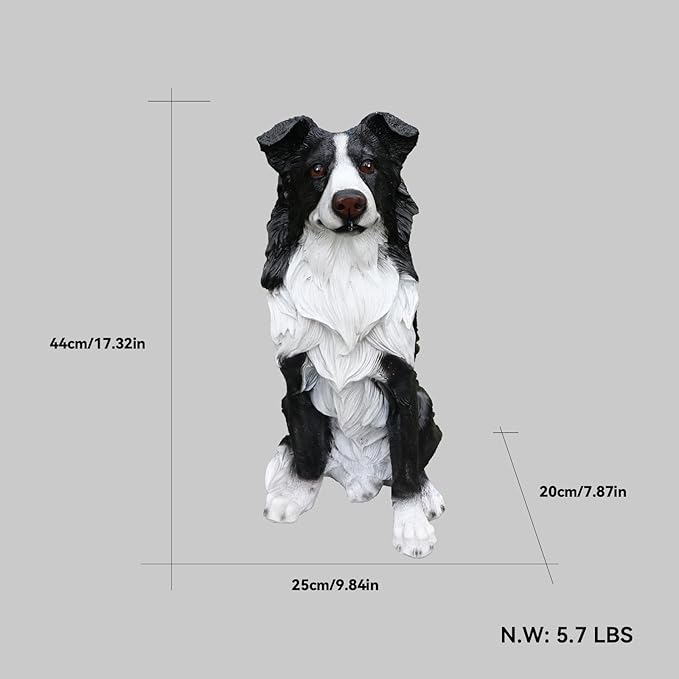 Border Collie Outdoor Dog Statue with Reversible “Welcome/ON Patrol” Plaque and Solar Path Lantern, Black & White Sitting Herding Dog Yard Accent