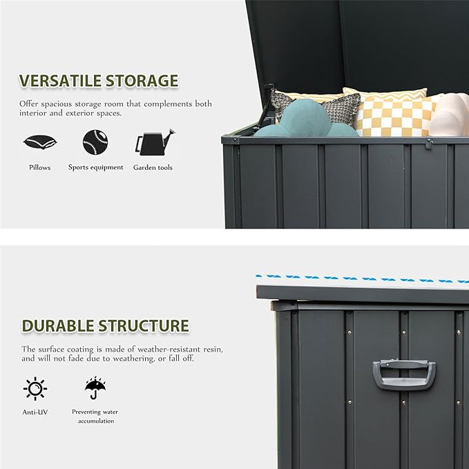 CHUNLY 150 Gallon Outdoor Indoor Deck Box with Lockable Lids Patio Storage Box Waterproof Storage Bin for Furniture Cushions, Throw Pillows, Garden Tools (Dark Gray)