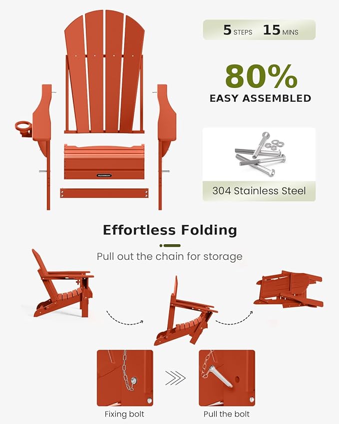 MUCHENGHY Folding Adirondack Chairs Set of 4, Patio Chairs, Lawn Chairs, Outdoor Chair, Adirondack Chair Plastic, Fire Pit, Weather Resistant with Cup Holder for Deck, Backyard, Garden(Orange)