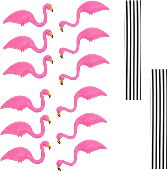 GiftExpress 12 Pack Pink Flamingos Yard Decorations - Small 14" Tall Plastic Flamingo Statue w/Metal Stakes - Lawn Ornaments & Garden Decor for Outdoor Parties