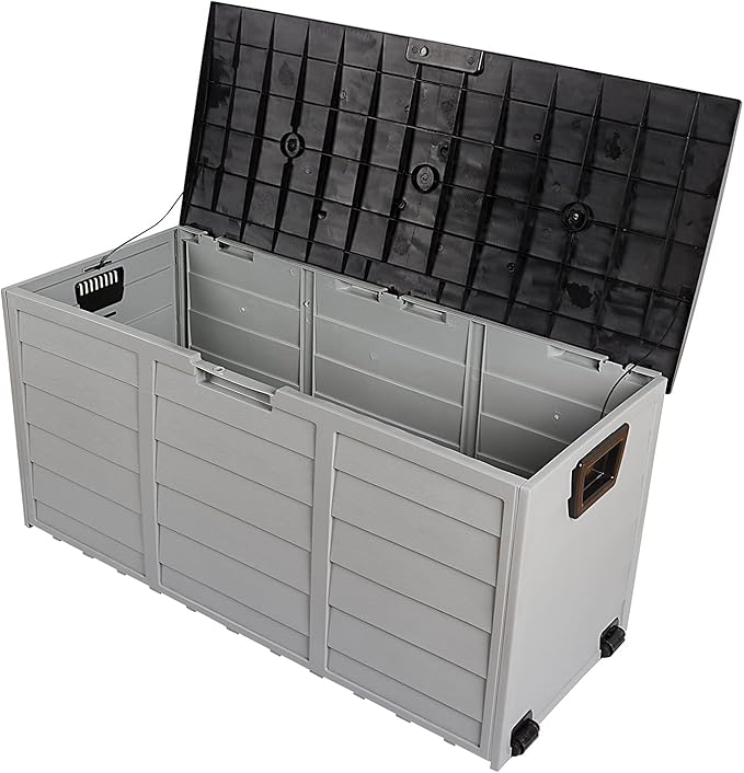 75 Gallon Resin Deck Box, Waterproof Outdoor Storage Box with Wheels, Lockable Lid and Handles, Large Deck Storage for Outdoor Gear, Patio Furniture Cushion, Gardening Tools, Black