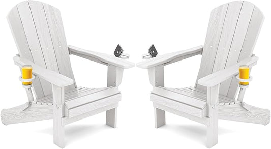 SERWALL Adirondack Chair with Cup Holders - Composite Adirondack Chairs Set of 2 HDPE Outdoor Chairs All Weather Use- White