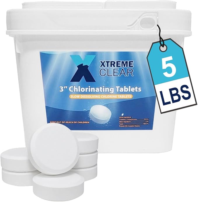 XtremeClear 3 Inch Stabilized Chlorine Tablets for Sanitizing Swimming Pools - Individually Wrapped, Slow Dissolving Chlorine - Tri-Chlor - 5 Pounds