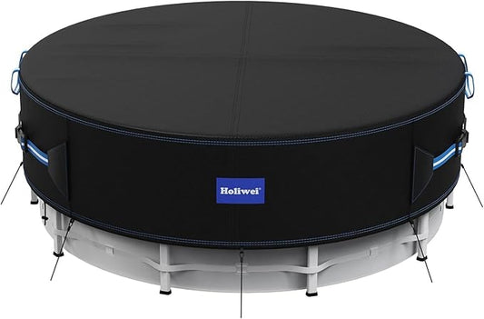 24 Ft Round Pool Cover with Reflective Strips, 420D Swimming Pool Cover for Above Ground Pools, Solar Cover with Drawstring and Ground Nails for Dustproof, UV Protected