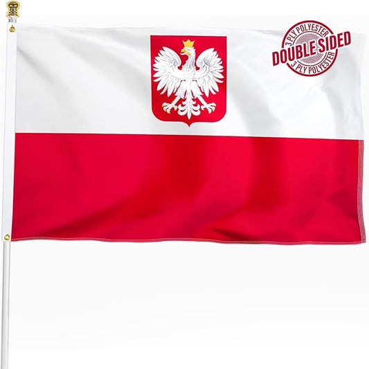 Poland Ensign Polish Flag 3x5 ft Outdoor, Double Sided 3 Ply Heavy Duty National Flag 100% Quality Polyester Polish Eagle Banner with Brass Grommets 4 Rows Stitches