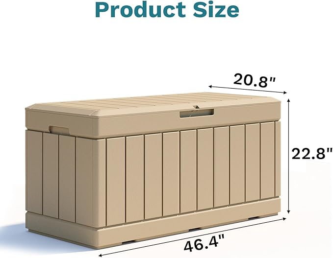 Patiolife 85 Gallon Resin Deck Box, Wood Like Outdoor Storage Box for Garden Tools, Pool Supplies, Waterproof and Lockable, Light Brown