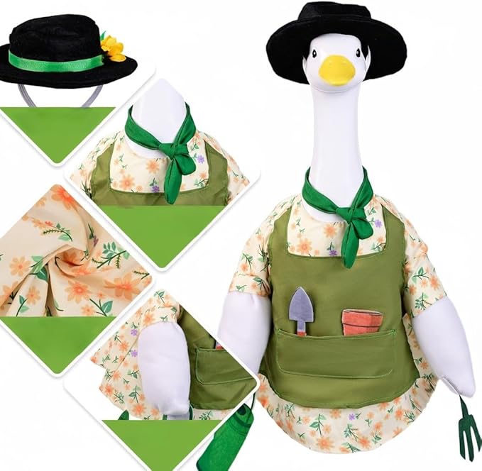 Gardener Goose Outfit for 23” Porch Goose Statue – Cute Lawn Goose Clothes for Outdoor Garden, Patio, Yard, Seasonal Decoration (Gardening Theme)
