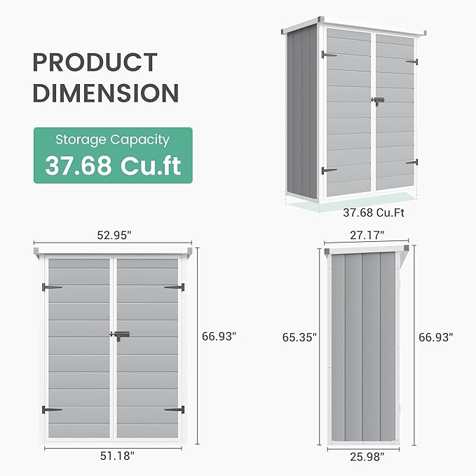 UDPATIO 38 Cu.ft Resin Outdoor Storage Shed with Floor, Vertical Plastic Tool Shed with Shelving Brackets for Backyard Pool Lawn Garden, Grey