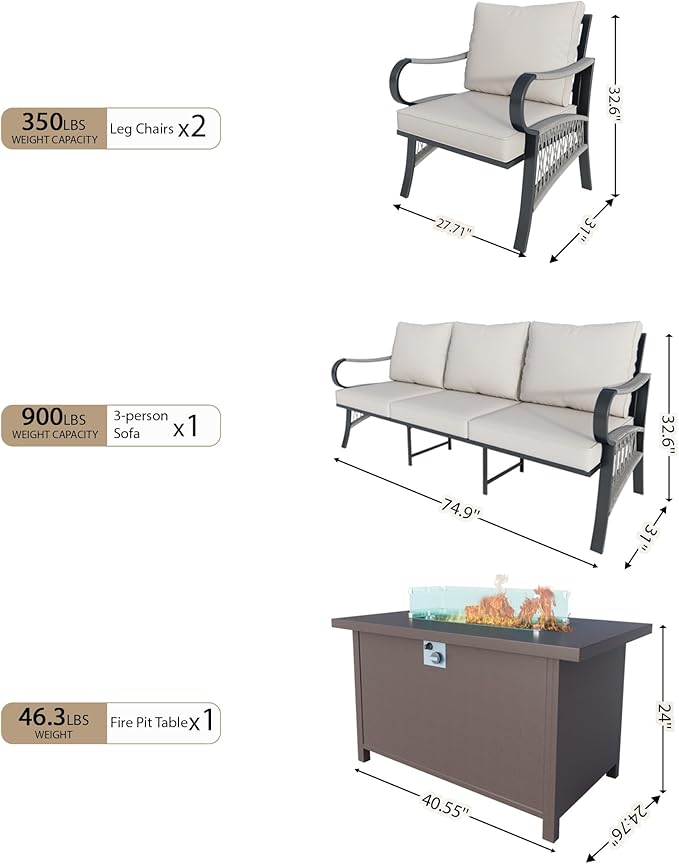 4 Pieces Outdoor Patio Conversation Sets with All Weather Cushions, Metal 3-Seater, 2 Single Chairs, 1 Fire Pit Table for Backyard Deck Porch Poolside, Beige