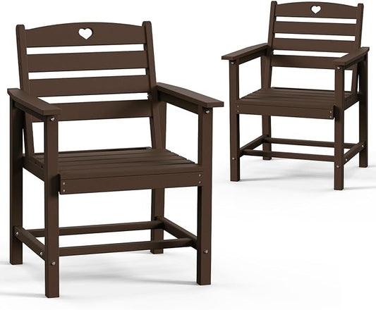 HDPE 2-Piece Outdoor Dining Chairs, Weather-Resistant Heart-Cutout Design Patio Dining Chairs, Outdoor Furniture for Lawn, Patio, Porch, Deck, Poolside, Yard (Mahogany)