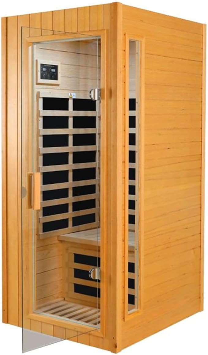 1-Person Infrared Sauna,1300W Indoor Sauna for Home, Side Glass Window, Canadian Hemlock Wood Personal Sauna with 5 Heating Panels, LED Reading Lamp, Blue-Tooth