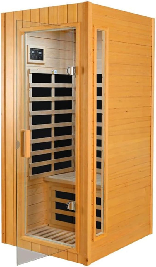 1-Person Infrared Sauna,1300W Indoor Sauna for Home, Side Glass Window, Canadian Hemlock Wood Personal Sauna with 5 Heating Panels, LED Reading Lamp, Blue-Tooth