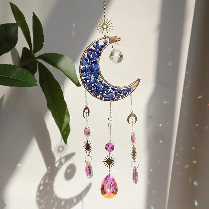 Moon Suncatcher Hanging Decor, Boho Chic Lapis Lazuli Crystal Sun Catcher, Spritual Sun Light Catcher for Windows, Blue Crescent Moon Housewarming Gift (Lapis Lazuli)