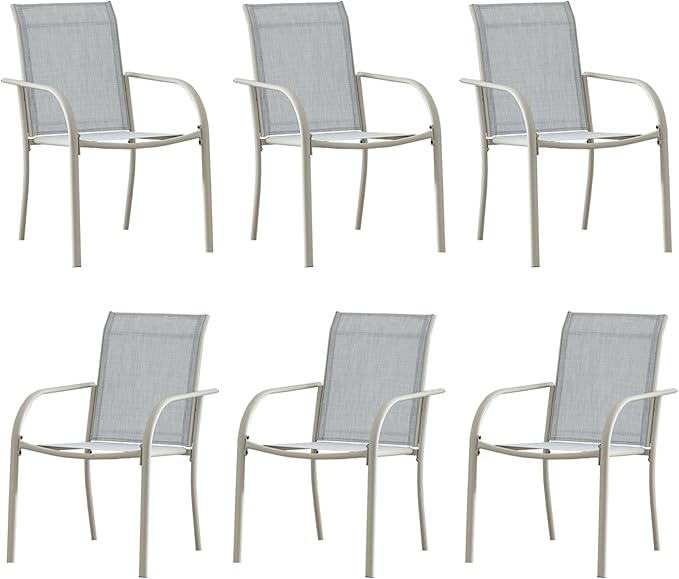 Outdoor Dining Chairs Set of 6, Stackable Patio Chairs with Textilene Fabric, Lightweight Garden Chairs for Poolside, Backyard, Camping, Beige