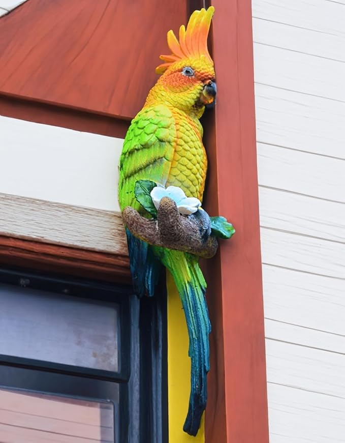 15" Real Bird Statue,Garden Outdoor Animal Sculptures & Statues Decor, Home Resin Parrots Tree Lawn Decor, Bird Figurine Art,Hanging Parrots Sculptures, Tropical Statues,Tiki Bar for Outside
