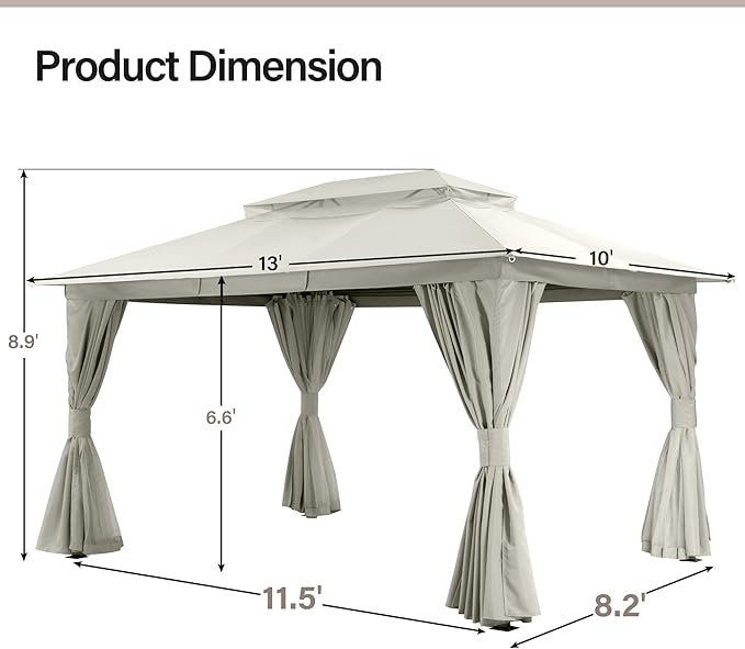 LAUSAINT HOME Outdoor Patio Gazebo 10'x13' with Expansion Bolts, Heavy Duty Gazebos Shelter Party Tent with Double Roofs, Mosquito Nettings and Privacy Screens for Backyard, Garden, Lawn, Cream White
