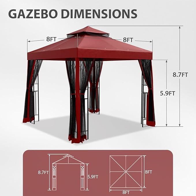 EAGLE PEAK 8x8 Patio Gazebo with Mesh Netting, Double Roof Outdoor Pavilion with Corner Shelves for Lawn, Deck, Garden and Backyard, Red