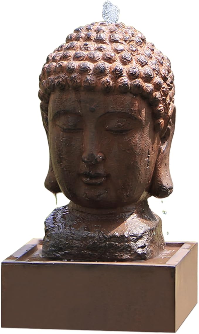 Buddha Water Fountain Outdoor Indoor Zen Statue Decor Large Fiberglass Decorative Fountains in Rock Color 22" Height