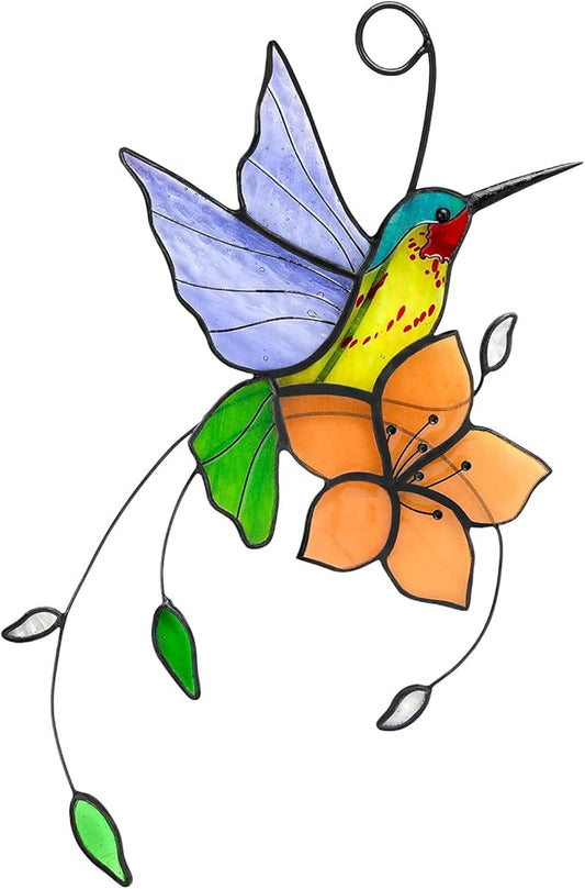 Handmade Stained Glass Hummingbird Suncatcher, Lavender-Purple Bird with Peach-Fuzz Flower Window Hanging Decor, Art Glass Ornament, Unique Gifts for Mom, Bird Lovers & Home Decoration