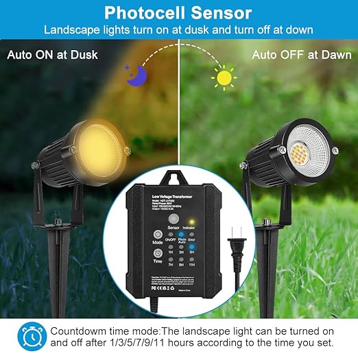 65W Low Voltage Landscape Transformer, RWUSNX Outdoor Landscape Lighting Transformer with Timer and Photocell Sensor, 120V AC to 12V DC Weatherproof for Spotlight, Garden Light, Pathway Light