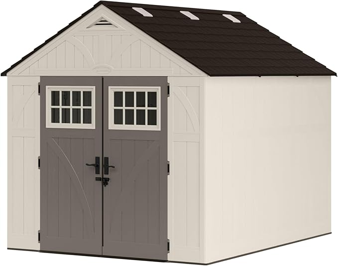 Suncast 8x10 Ft. Outdoor Storage Shed - Large Resin Outdoor Shed with Floor Included, Lockable Double Doors & Skylights. 547 Cu Ft Tremont Garden Plastic Sheds for Lawn Tools, Riding Mowers, & Bikes