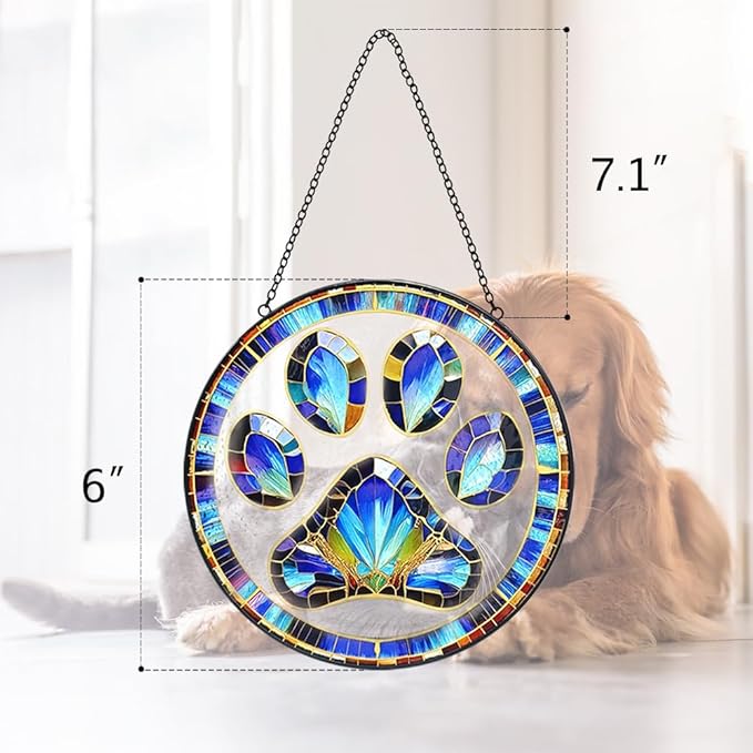 Dog Cat Paw Print Suncatcher Stained Glass Window Hanging - Handmade Stained Glass Panel Suncatchers for Windows Hanging - Sun Catchers Indoor Window Decor Memorial Catcher Remembrance Birthday Gift