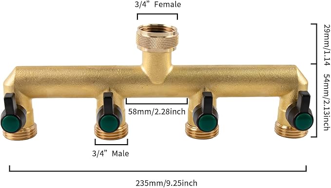 Heavy Duty Solid Brass 4 Way Hose T Tap Connection with 4 Individual On/Off Valve and Extended Handle, Garden Outdoor Pipe Tap Splitter