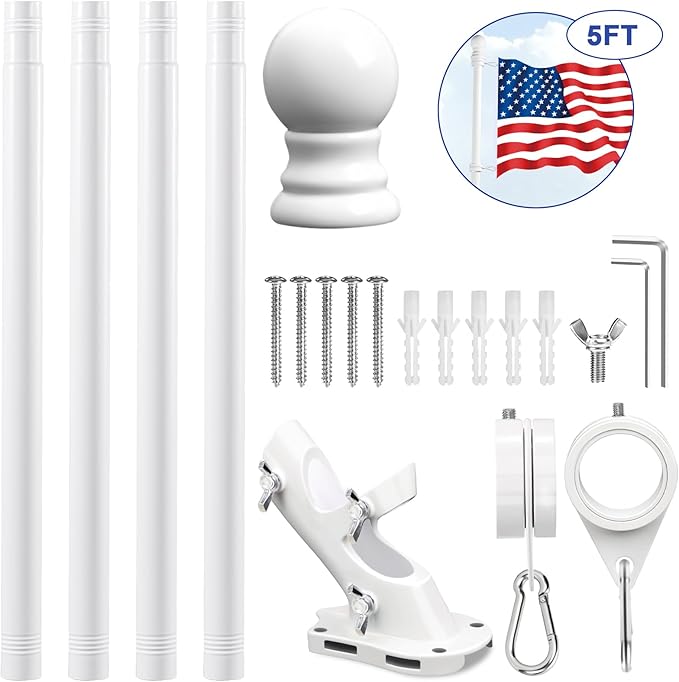 REERON House Flag Pole kit, 5 FT Metal Spinning Flag Poles Kit, 1" Tangle Free Stainless Steel Flagpole with 360° Flagpole Rings & 2-Position Bracket for Outside House Porch Wall Mount for 3x5 Flag