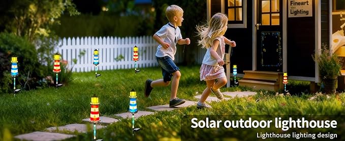 Solar Lighthouse Outdoor Decor (2PACK) Ideal for pathway lighting in gardens, walkways, and patios. Enhances garden, lawn, planter, backyard, and courtyard decor. Nautical-Style Outdoor Solar Lights