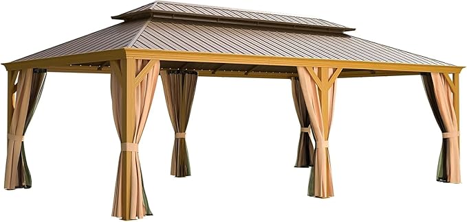 YOLENY 14'x24' Gazebo, Wooden Finish Coated Aluminum Frame Pergola with Double Galvanized Steel Hardtop Roof, Outdoor Permanent Metal Pavilion with Curtains and Nettings for Patio, Backyard and Deck