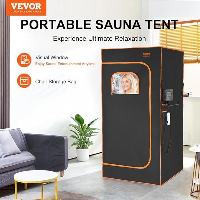 VEVOR Infrared Portable Sauna Tent, 1400W Personal Sauna Kit for Home Spa Heated Body Therapy, Time & Temperature Remote Control with Chair & Floor Mat, Black, 2.9’x 2.9’x 5.8’