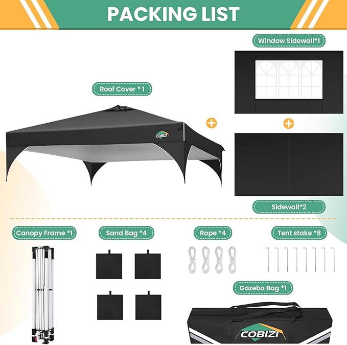 COBIZI 10x10 Pop up Canopy, Canopy Tent 10x10 with 3 Sidewalls, 1 Person Easy Set up，Tents for Parties, Outdoor Tent with Fluorescent Strip & 4 Sandbags, Waterproof, 3 Adjustable Height（Black）