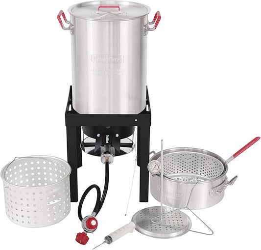 Creole Feast TFP1030 30 Qt. Turkey Fryer and 10 Qt. Fish Fryer Kit with 50,000 BTUs Propane Burner, Outdoor Deep Fryer & Seafood Boiler Steamer for Outdoor Cooking, Silver & Black