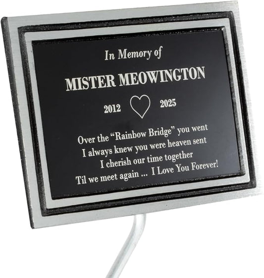 Outdoor Memorial Plaque with Stake – Cast Aluminum in Black and Silver with Custom Engraving, Weather-Resistant Dedication Sign for Garden, Cemetery, Bench, Grave Marker & Pet Memorials