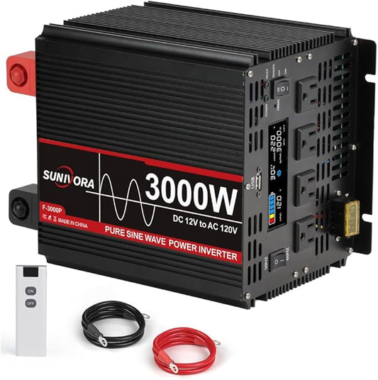 3000 Watt Pure Sine Wave Power Inverter with LCD 12V DC to 110V/120V AC Peak Power 6000W Car Power Inverter with 4 AC Outlets & 1 USB Port & Remote Control for Truck RV Car Solar System