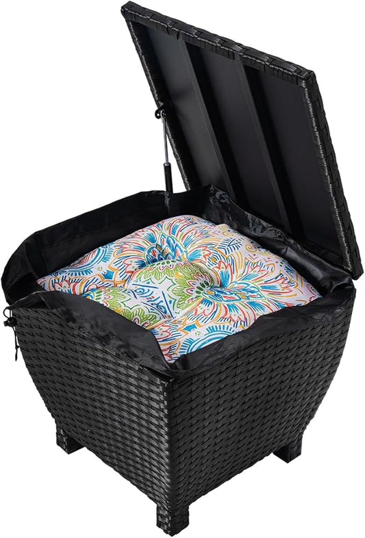 Outdoor Wicker Storage Box with Cover, 13 Gallon PE Rattan Deck Box for Outside with Waterproof Liner, Patio Storage Chest with Hinged Lid for Cushions, Pillows, Towels, Horizontal Bin, Black