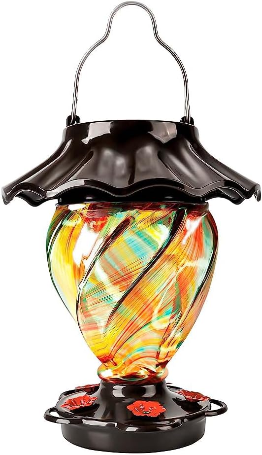 LUJII Solar Powered Color Changing Hummingbird Feeder for Outdoors Hanging, Hand Blown Glass, 35 fl.oz, Leakproof, Illuminated Lantern for Garden Decor, Gift for Bird Lover, 5 Metal Perches, Ribbon