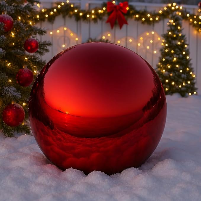 Lulu Decor, 2 pcs Red Stainless Steel Gazing Mirror Ball Size 12, Smooth Reflective Shiny Garden Decoration Globe (2 Pc)