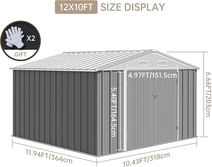 12X10FT Metal Outdoor Storage Shed - Galvanized Steel Waterproof Garden Shed with Lockable Doors & Vents, All-Weather Utility Tool Shed for Lawn Mower, Bike