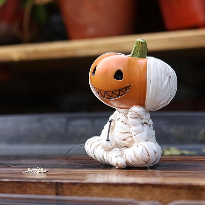 Fishing Pumpkin Head Mummy Statue Funny Halloween Decorations, 3.15 Inch Cute Sitting Figurine Shelf Sitter Resin Sculpture for Outdoor Garden Yard Lawn Pond Waterfalls Pool Ornaments