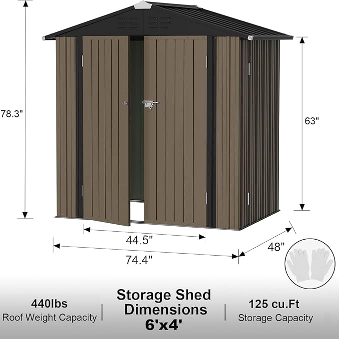 JUMMICO Metal Outdoor Storage Shed 6 x 8 FT Metal Shed with Lockable Door,Waterproof Garden Tool Shed Storage House for Backyard Patio Lawn,Brown