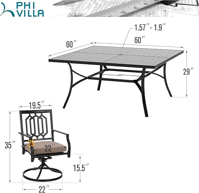 PHI VILLA 9 Piece Outdoor Dining Set for 8, Square Metal Table (60") with Umbrella Hole and Swivel Chairs with Cushions– Perfect for Patio, Garden, Deck, Porch, and Backyard