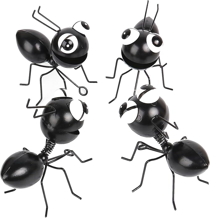 Metal Yard Art Garden Decor Cute Ant Outdoor Fence Decorations Lawn Ornaments - Set of 4 Black