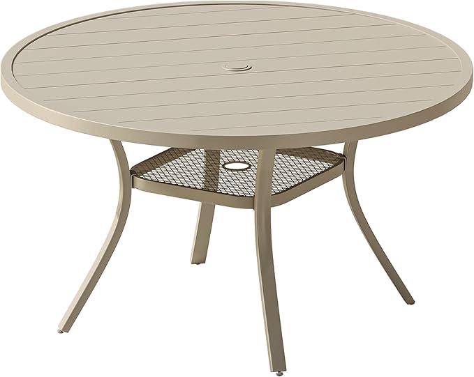 VICLLAX Outdoor Patio Round Dining Table, 47"x 47" Metal Slatted Round Tabletop with Adjustable Umbrella Hole for Deck Lawn Garden Backyard, Sandshell