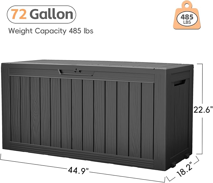 Outdoor Storage Box, 72 Gallon Deck Box Waterproof, Resin Patio Storage Bin for Package Delivery, Patio Furniture Cushion, Garden Tools, Pool Accessories, Weatherproof, Black