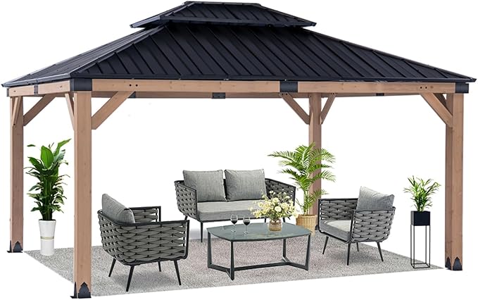 CHARMELEON Hardtop Wood Gazebo 10x12 ft – Cedar Wood Frame Gazebo with Double Metal Roof – Outdoor Wooden Gazebos Pavilion for Patio, Backyard and Deck – Frosted Black Top & Grayish Brown Frame