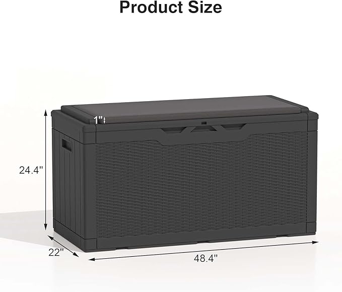 Patiolife 100 Gallon Resin Deck Box with Cushion, Large Outdoor Storage Box for Garden Tools, Pool Supplies, Waterproof and Lockable, Black