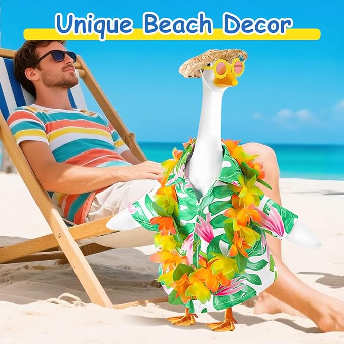 Hawaiian Porch Goose Outfits,2025 New Yard Goose Clothes Hawaiian Wreath with Straw Hat Glasses,4 Pcs/Set Summer Lawn Goose Costume,for 23" Statue Patio Garden Decoration