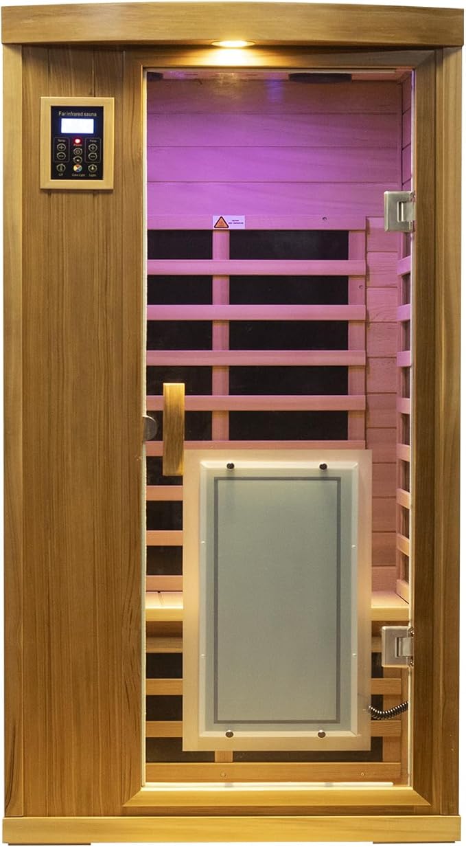 Red Cedar Personal Indoor Infrared Sauna Room, Low EMF Far-Infrared Sauna, Dual LCD Control Panel Inside and Outside,Bluetooth Speaker, Tempered Glass Door with Far Infrared Heating Panel