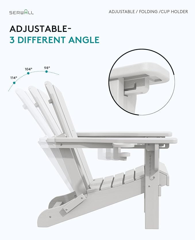 SERWALL Folding Adirondack Chair Set of 4, Reclining Adirondack Chair with 3 Recline Positions, All Weather HDPE Outdoor Adirondack, White
